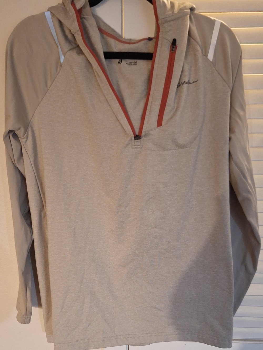 Eddie Bauer Men’s Light Beige Hooded Quarter-Zip Pullover with Orange Trim